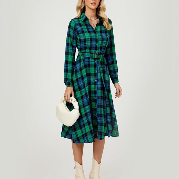 Women's Plaid Maxi Dress Long Sleeve Collared Belted Button Down Casual - Picture 2 of 6